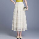 スカート レディース レース 切り替え ティアード ゆったり ミディ丈 Aライン フレア プリーツ ギャザー きれいめ オフィス 通勤 ポリエステル ブラック アプリコット ホワイト