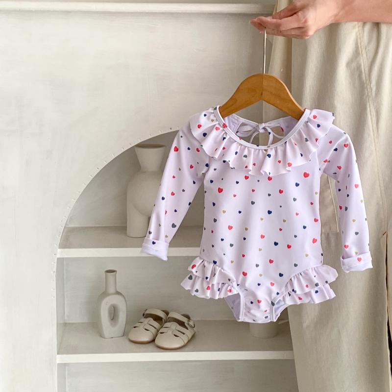 水着 女の子 ベビー キッズ 長袖 ワンピース 日焼け対策 UVカット かわいい 小さなハート柄プリント プール 海水浴 ポリエステル 80cm 90cm 100cm 110cm