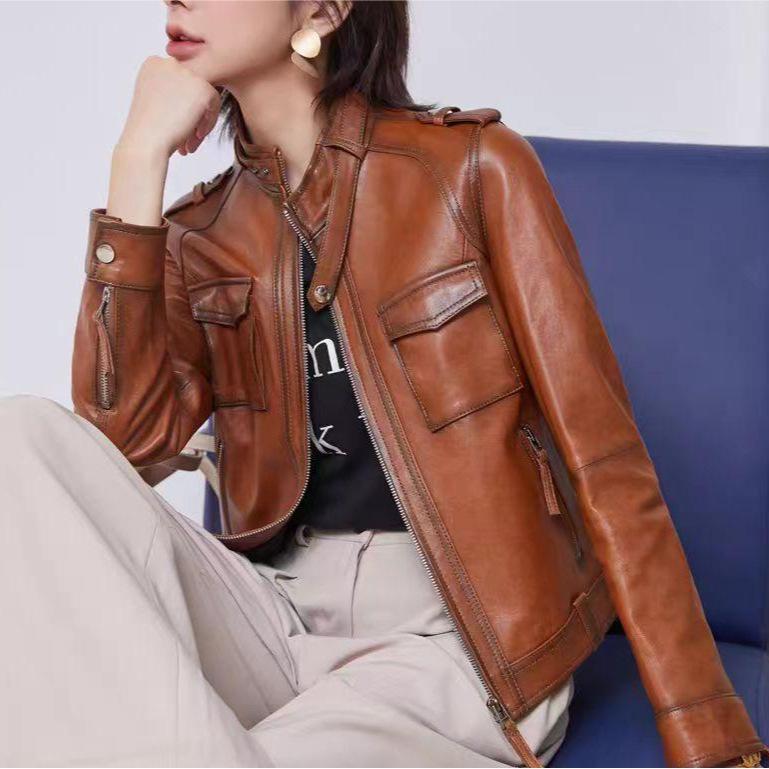 レザージャケット レディース 本革 羊革 ショート丈 ライダース 秋冬 スタンドカラー ジップアップ ヴィンテージ風 着痩せ効果 ストリート系 アウター