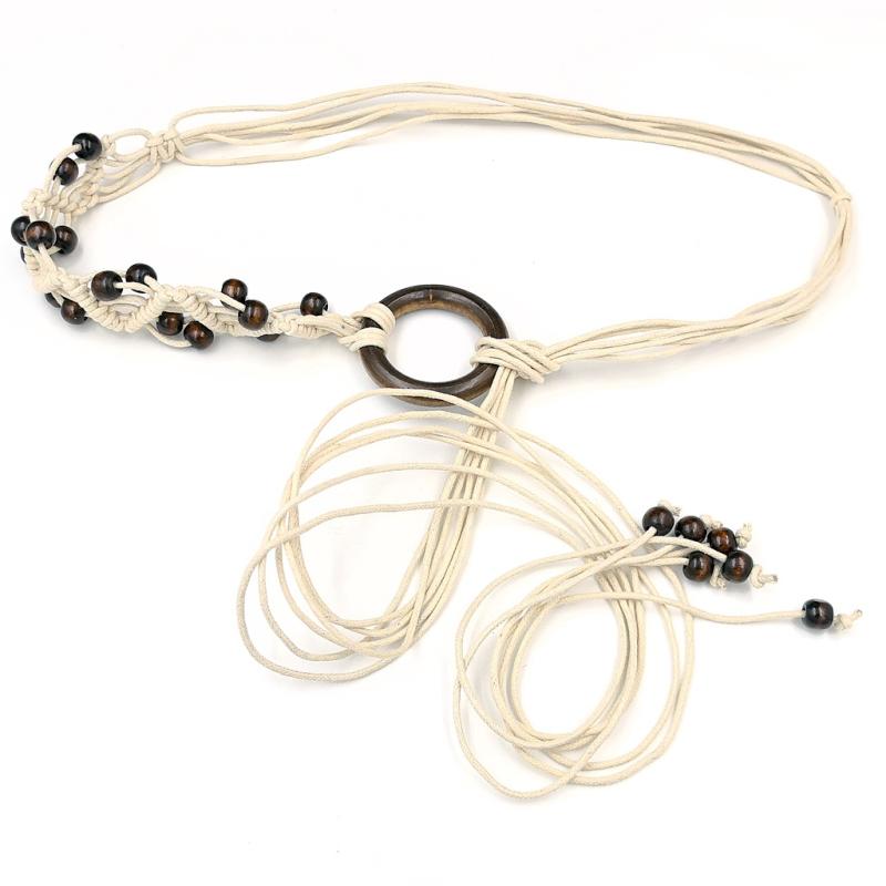 ベルト コットン 手編み ウッド レトロ 民族風 ボヘミアン 編み込み フリンジ タッセル ウエストロープ 細身 シンプル 万能 ワンピース スカート ドレス アクセサリ ウエストマーク