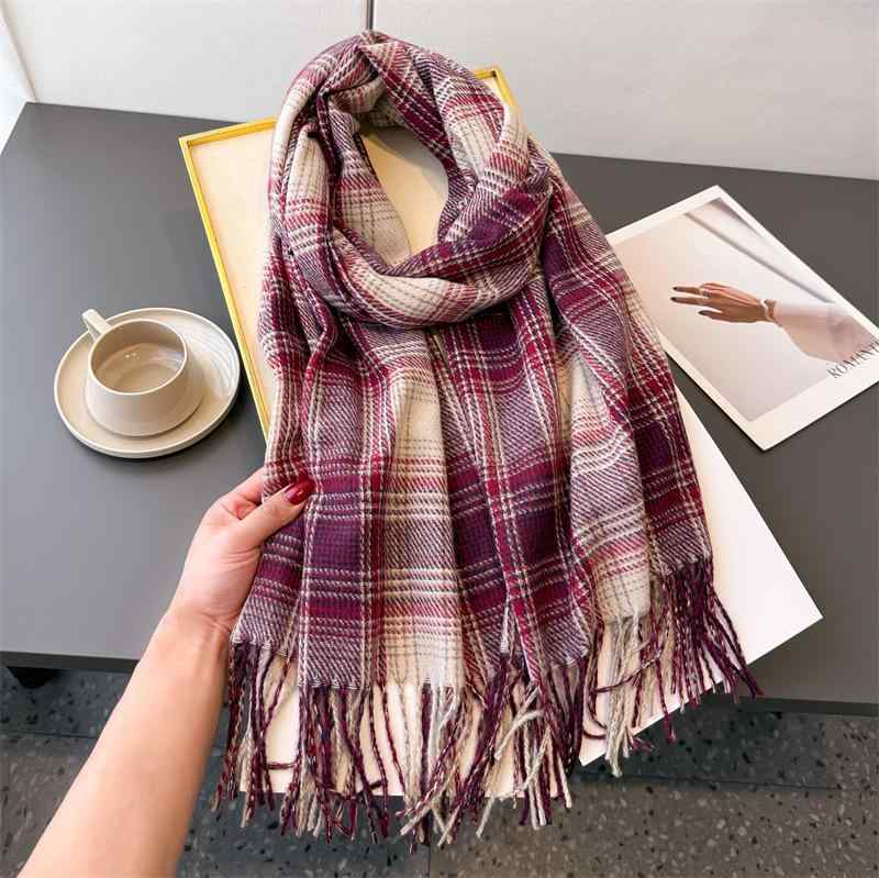 ストール 男女兼用 暖かい 保温 フェイクカシミヤ カシミヤタッチ 大判 チェック柄 フリンジ付き 秋冬 防寒 あったか カジュアル ビジネス 万能 マフラー
