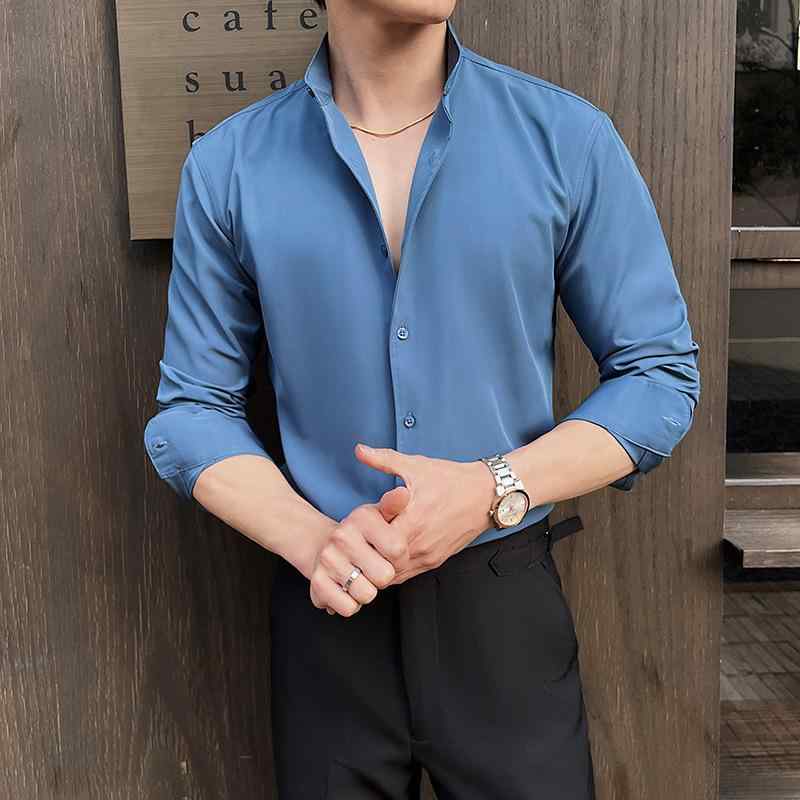 シャツ メンズ 男性用 形態安定 耐摩耗 色あせしにくい ドレープ感 軽やか 高級感 スタンドカラー 長袖 ワッフル素材 ビジネス 通勤 オフィス カジュアル 白 黒 青 緑 春秋