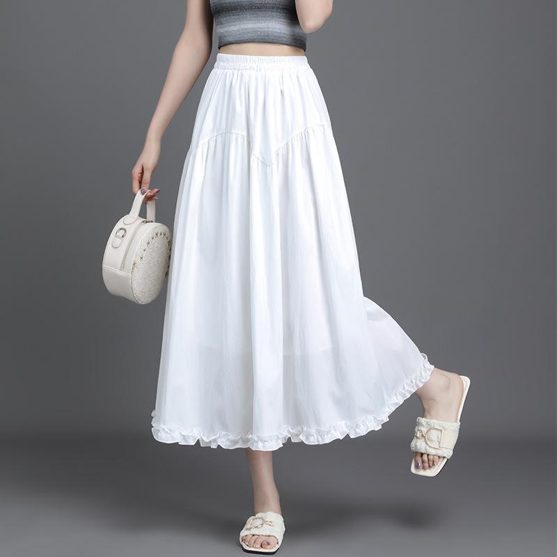 スカート レディース 春夏 ミモレ丈 Aライン フレア 体型カバー 着痩せ フリル 切り替え 上品 エレガント きれいめ 通勤 無地 ポリエステル 微ストレッチ 黒 白