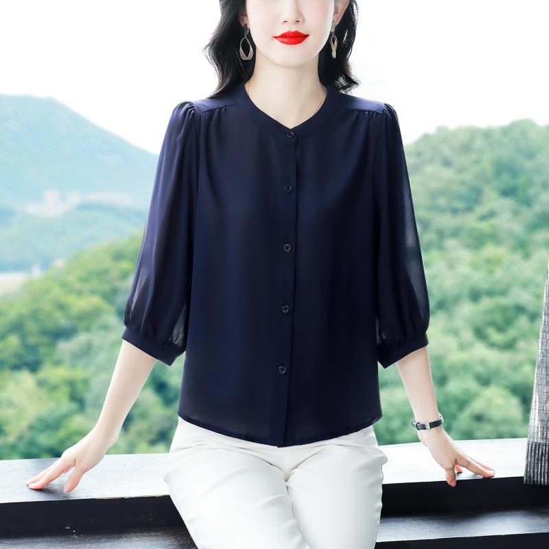 シャツ レディース ミセス 桑シルク シフォン ブラウス 半袖 プルオーバー 丸首 ゆったり 無地 とろみ 上品 エレガント きれいめ 着痩せ 体型カバー 若見え 通勤 オフィス ママ カジュアル 40代 50代 60代