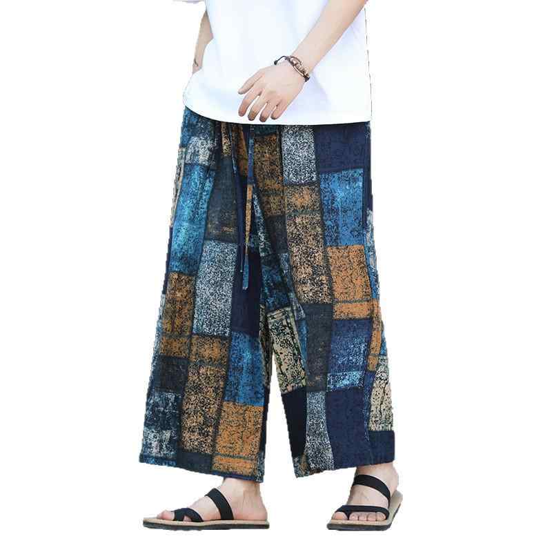 カジュアルパンツ メンズ 薄手 快適 麻 リネン 民族風 チャイナ風 レトロ ヴィンテージ ゆったり ワイド ストレート 九分丈 ウエスト紐 大きいサイズ 部屋着 夏 柄物
