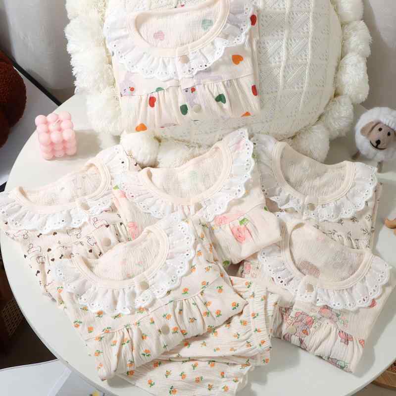 パジャマ キッズ ベビー 子供 男女兼用 クレープコットン しわ加工 薄手 吸湿速乾 ルームウェア セットアップ 上下セット 春夏 九分袖 通気性 柔らか 肌に優しい