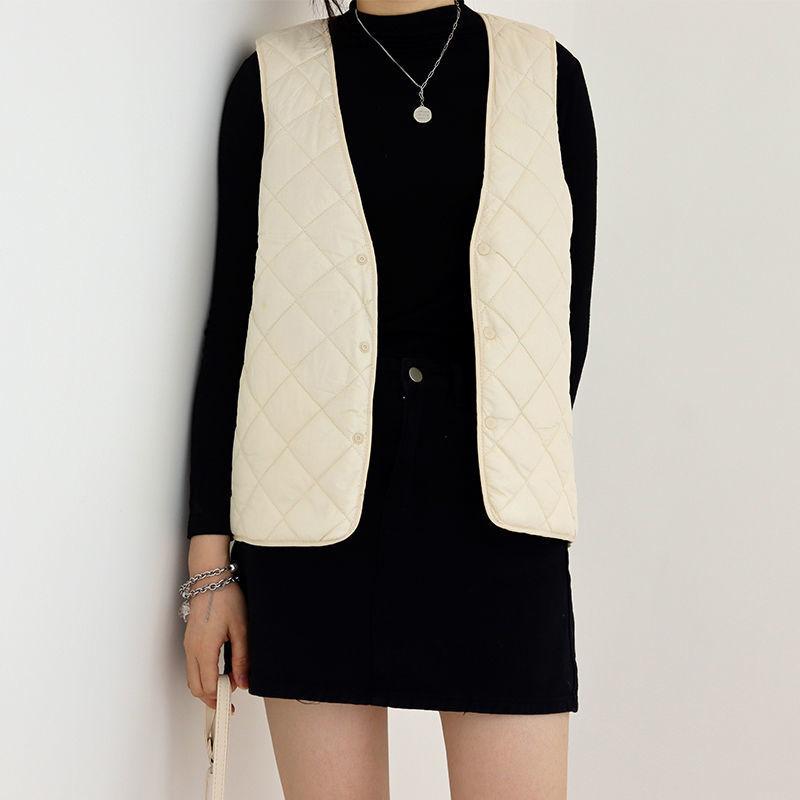 ベスト レディース 秋冬 中綿 保温 軽量 薄手 インナーベスト 通勤 カジュアル ゆったり ベーシック S M L アイボリー ブラック