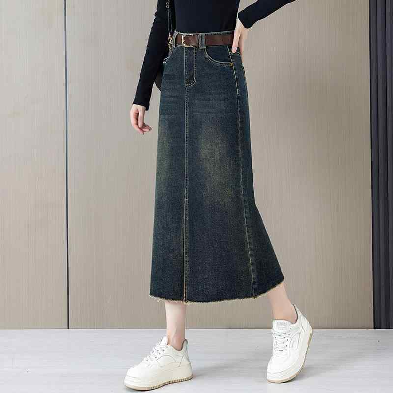デニムスカート レディース 女性用 ハイウエスト タイトスカート ミモレ丈 切り替えデザイン 通勤 オフィス カジュアル レトロ クラシック ポリエステル 微ストレッチ 伸縮性 ブルー