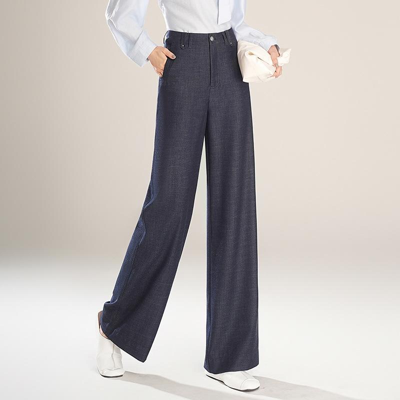 ワイドパンツ レディース ハイウエスト ドレープ感 スタイルアップ効果 フェイクデニム ストレート ロングパンツ 春夏 通勤 オフィス きれいめ ゆったり 微ストレッチ ポケット付き ブルー