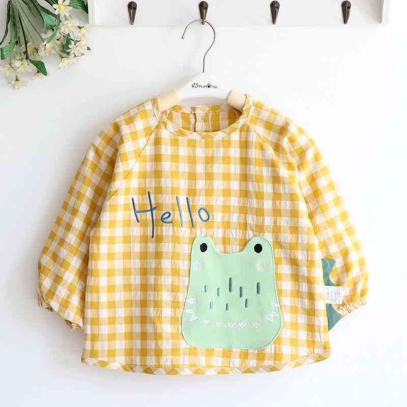 お食事エプロン スモック キッズ 子供用 男の子 女の子 幼稚園 保育園 幼児 恐竜柄 チェック柄 通年 長袖 食べこぼし対策 汚れ防止 後ろ開き 速乾 軽量 ポリエステル