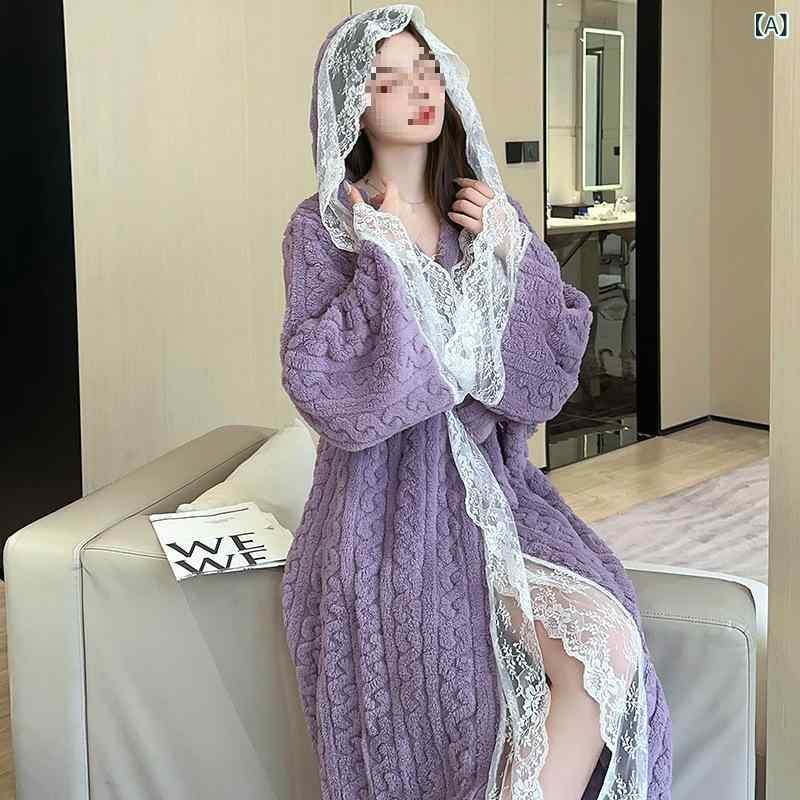 バスローブ レディース 女性用 冬 厚手 保温 暖かい サンゴフリース ロング丈 ルームウェア 部屋着 パジャマ レース 韓国風 高級感 ホテルライク