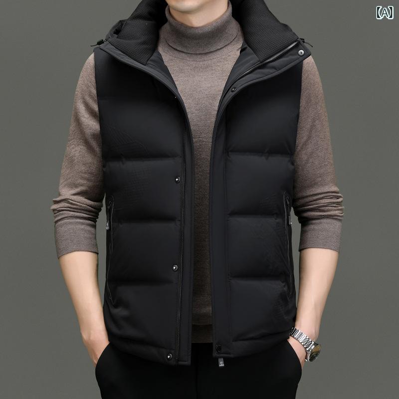 ダウンベスト メンズ 男性用 秋冬 大きいサイズ ビッグサイズ ゆったり ルーズフィット 厚手 防寒 保温 暖かい スタンドカラー 立ち襟 フード付き ジップアップ ポケット付き 無地 ホワイトダックダウン ポリエステル