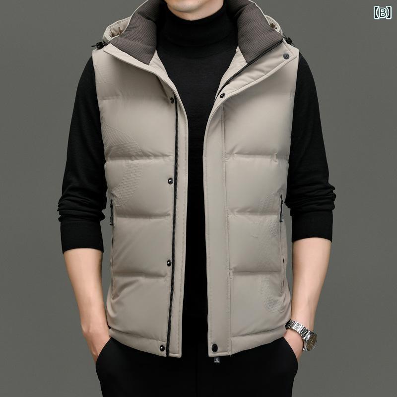 ダウンベスト メンズ 男性用 秋冬 大きいサイズ ビッグサイズ ゆったり ルーズフィット 厚手 防寒 保温 暖かい スタンドカラー 立ち襟 フード付き ジップアップ ポケット付き 無地 ホワイトダックダウン ポリエステル
