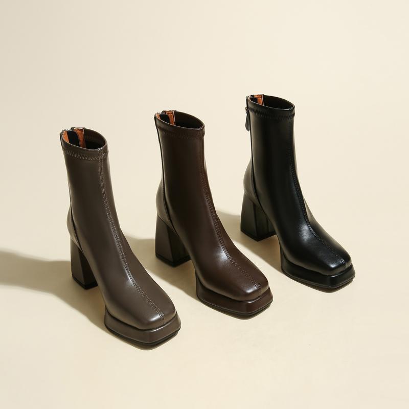 ショートブーツ レディース 女性用 黒 ブラック 合皮 防水 防滑 太ヒール チャンキーヒール ハイヒール スクエアトゥ 細見え ストレッチ 厚底 プラットフォーム バックジップ 秋冬 小柄 低身長向け