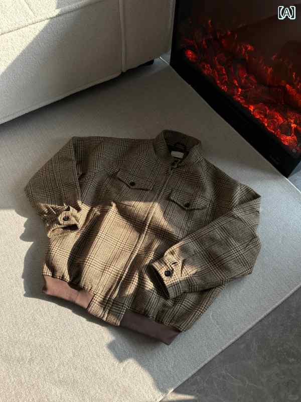 ジャケット メンズ 春秋 通気性 耐摩耗 ウール50% コットン素材 ハリントンジャケット プリンスオブウェールズ千鳥格子柄 ショート丈 ワイド 立体裁断 ゆったり カジュアル ストリート アウター 韓国風