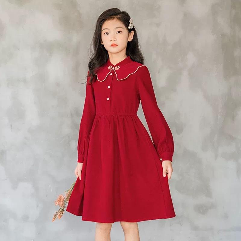 ワンピース 女の子 キッズ ジュニア 中国風 チャイナドレス風 上品 エレガント レトロ 長袖 フォーマル 発表会 結婚式 春秋冬 レッド 裏起毛対応 プリンセスドレス Aライン ポリエステル