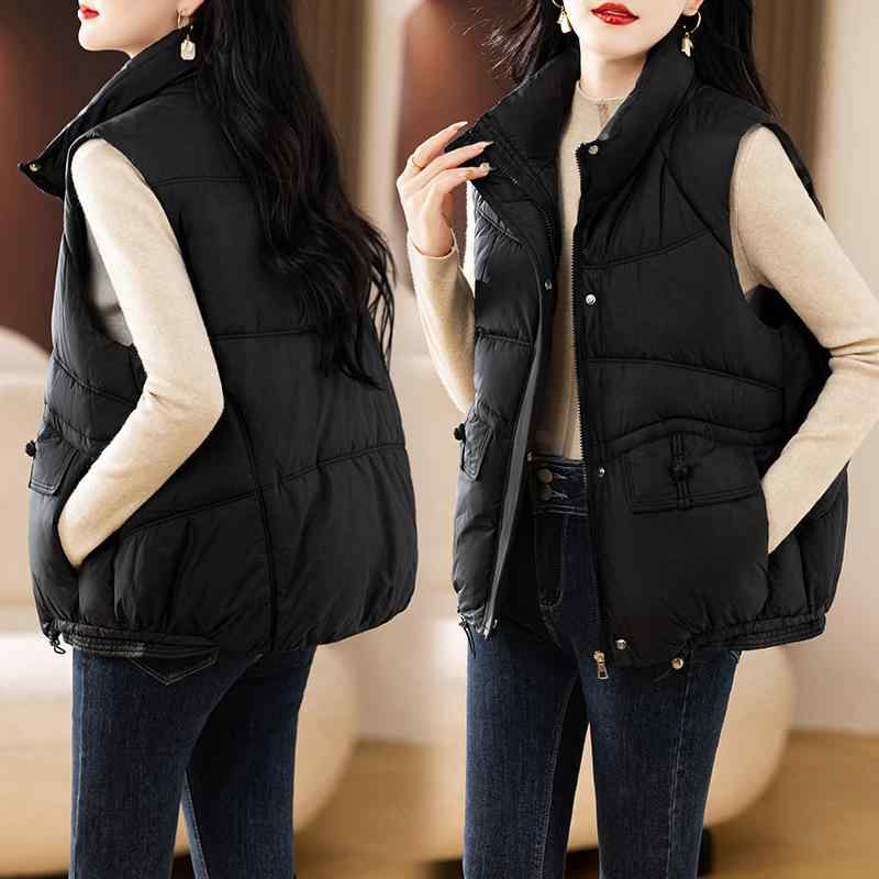 ベスト レディース 厚手 暖か ダウンコットン 細見え 立襟 ジップアップ ショート丈 ゆったり オーバーサイズ カジュアル 秋冬 ポリエステル素材