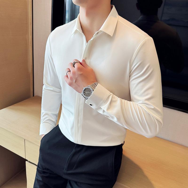 シャツ メンズ 男性 比翼仕立て ジップ 防シワ ストレッチ スリムフィット ビジネス カジュアル 長袖 春秋 ポリエステル レギュラーカラー