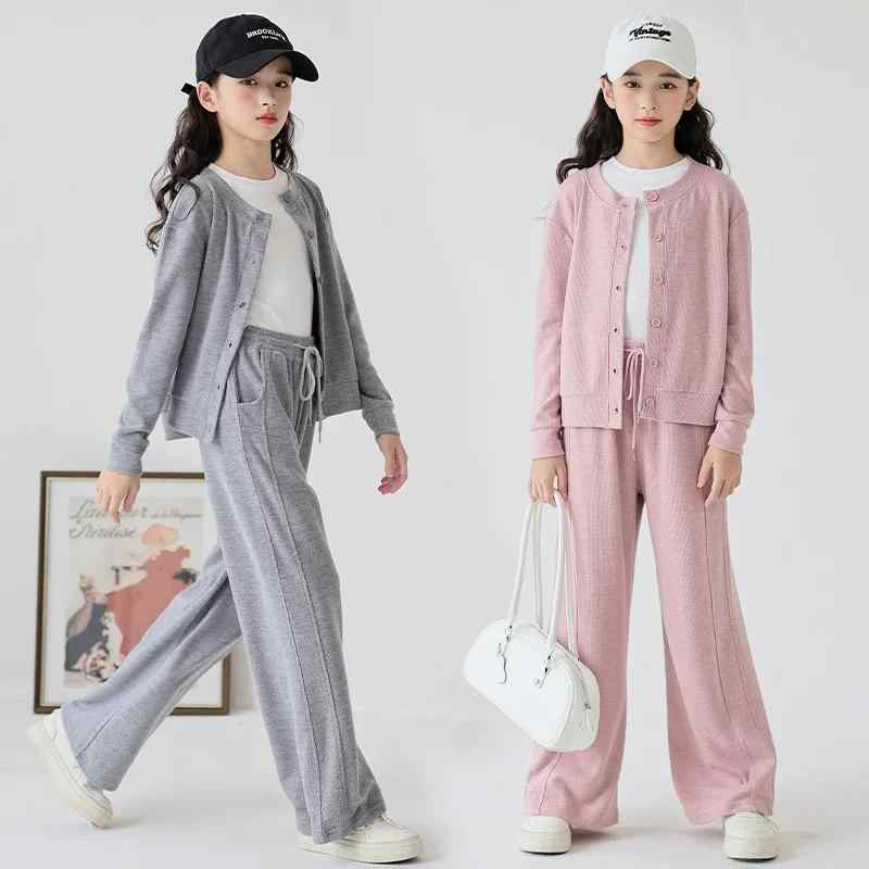綿混 やわらか 上下セット 女の子 女児 通学 部屋着 カーディガン 長袖 ワイドパンツ カジュアル トレンド 小学生 中学生 親子お揃い フードなし ピンク グレー 春秋