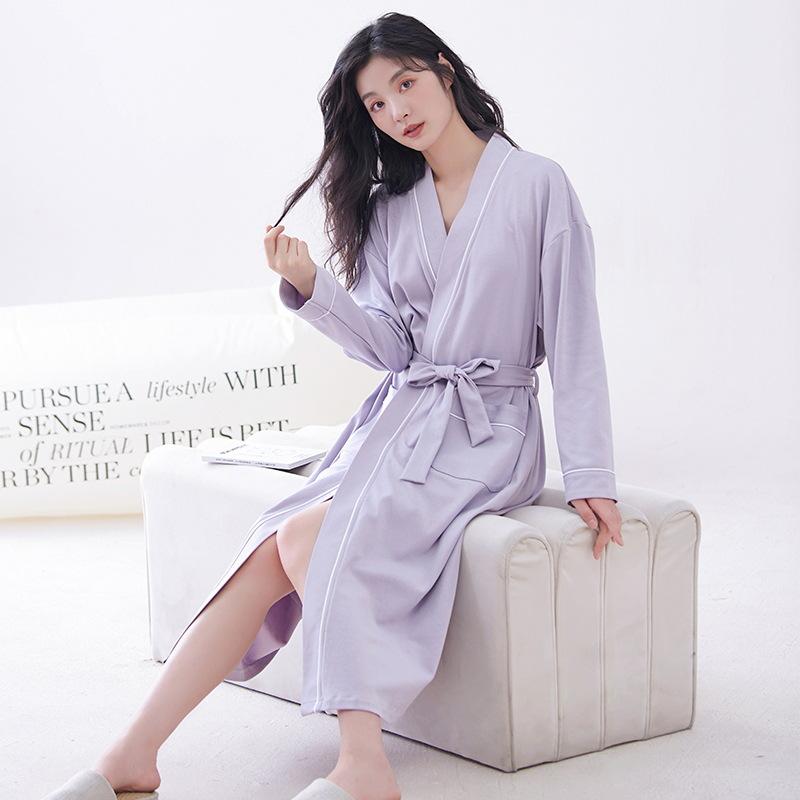 ルームウェア レディース 綿100% 長袖 ローブ ガウン パジャマ バスローブ 通気性 ストレッチ 快適 シンプル カジュアル 無地 高級感 Vネック 部屋着 ワンマイルウェア オールシーズン