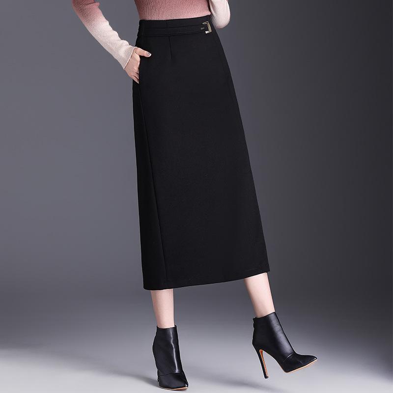 スカート レディース 厚手 着痩せ 細見え ハイウエスト スリット入り 微ストレッチ 通勤 オフィス きれいめ エレガント 秋冬 冬 ロング丈 ミモレ丈 無地 タイトスカート ペンシルスカート ポリエステル ブラック