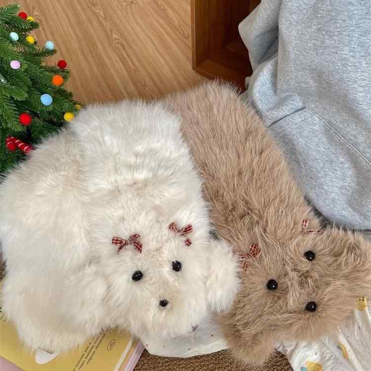 マフラー レディース ふわふわ もこもこ かわいい 犬モチーフ リボン クロスデザイン 厚手 保温 防寒 ..
