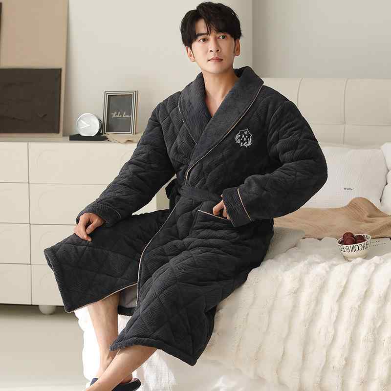 ローブ メンズ 男性用 襟付き 厚手 中綿入り 裏起毛 保温性 秋冬 快適 再生繊維 サンゴフリース 透かし..