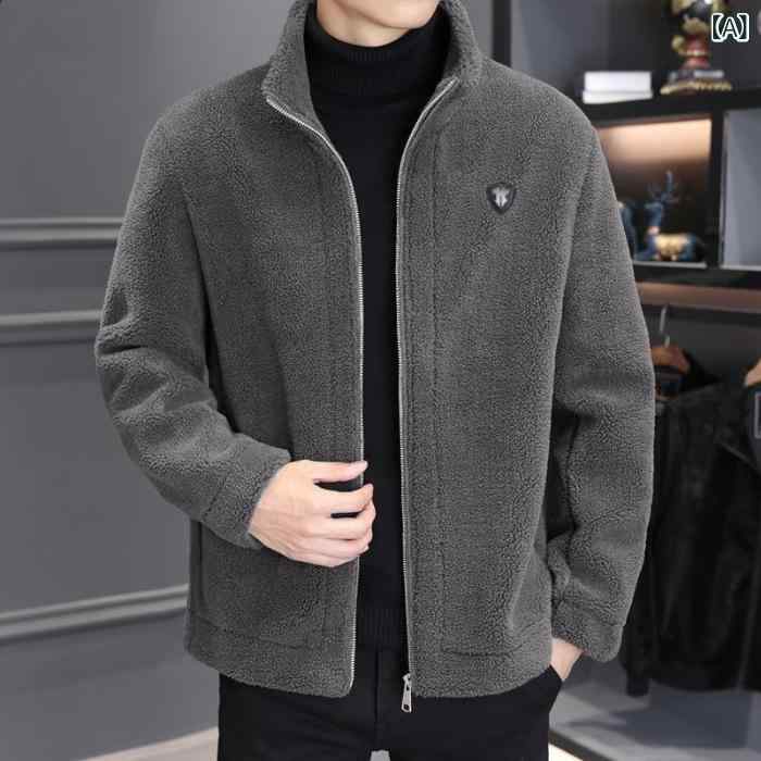 アウター メンズ ボアジャケット スタンドカラー ブルゾン 韓国風 秋冬 厚手 防寒 保温 カジュアル 長袖 ポリエステル グレー ブラック ブラウン