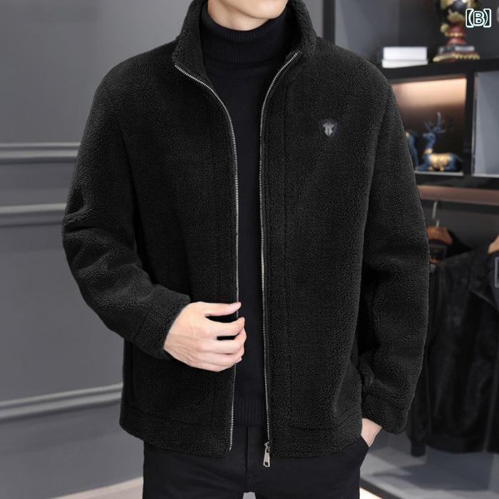 アウター メンズ ボアジャケット スタンドカラー ブルゾン 韓国風 秋冬 厚手 防寒 保温 カジュアル 長袖 ポリエステル グレー ブラック ブラウン