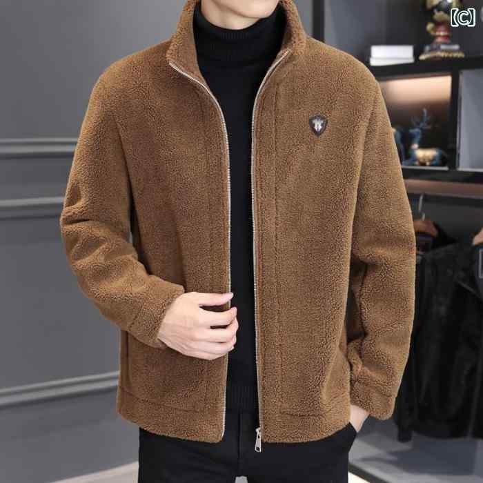 アウター メンズ ボアジャケット スタンドカラー ブルゾン 韓国風 秋冬 厚手 防寒 保温 カジュアル 長袖 ポリエステル グレー ブラック ブラウン