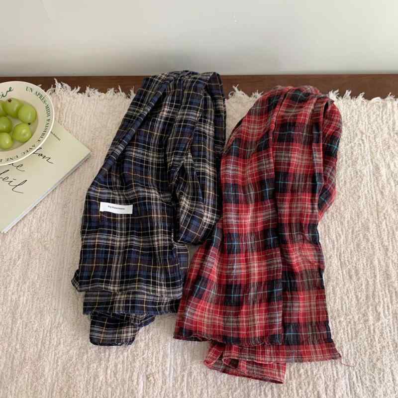 ストール レディース チェック柄 レトロ ヴィンテージ 文芸調 秋冬 コットン100% ロング丈 保温 防寒 速乾 首元 あたたか 万能 カジュアル 赤 緑 青 茶色