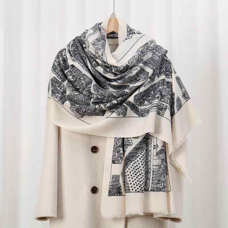 大判ストール 保温 防寒 カシミヤタッチ 日よけ 防塵 肌触り良い パリ地図プリント シンプル 万能 ショ..