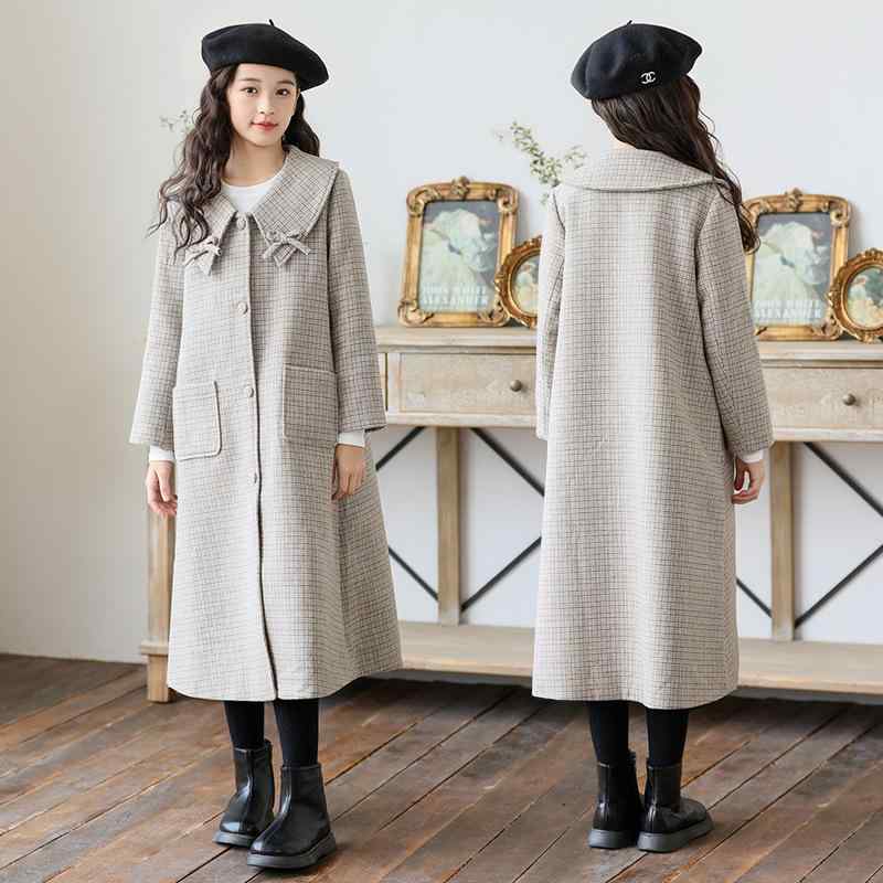 コート 女の子 ガールズ ジュニア 秋冬 ウール メルトン ドールカラー 襟付き ロング丈 膝丈 韓国風 チェック柄 ポリエステル 長袖 防寒 アウター 通学 ...