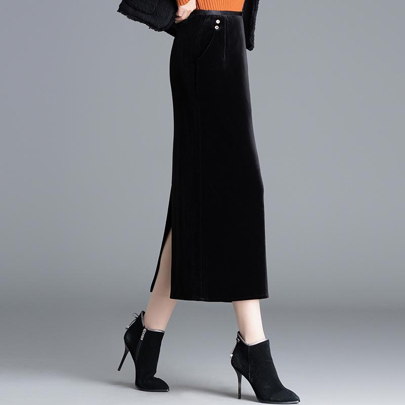 スカート レディース 秋冬 ハイウエスト ベロア タイト Iライン スリット ミモレ丈 エレガント きれいめ 上品 オフィス 通勤 ストレッチ 黒(4)