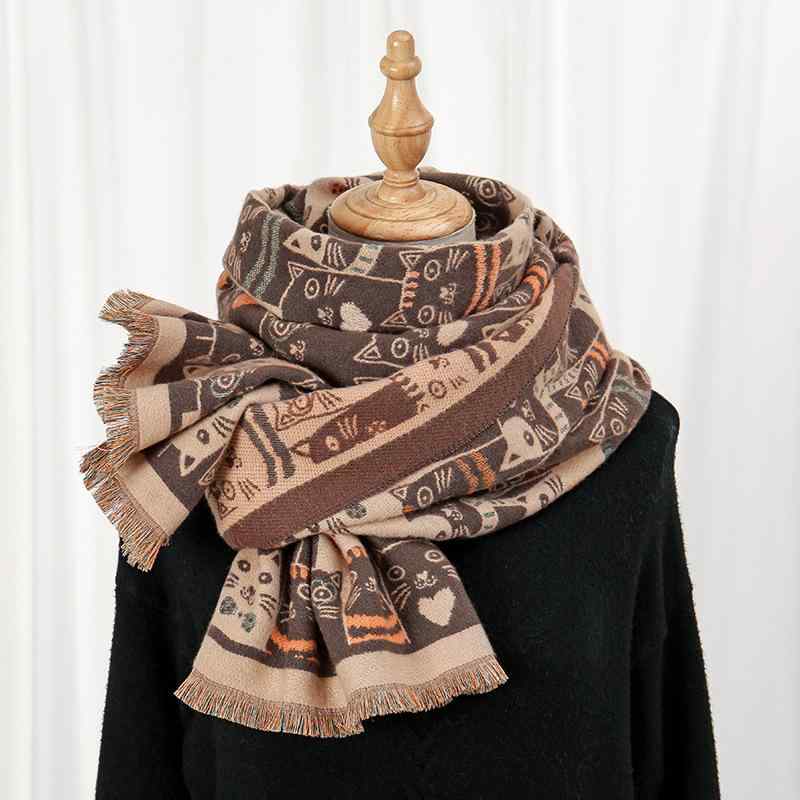 マフラー レディース かわいい 猫柄 大判 秋冬 厚手裏起毛 フェイクカシミヤ カシミヤタッチ あったか ..