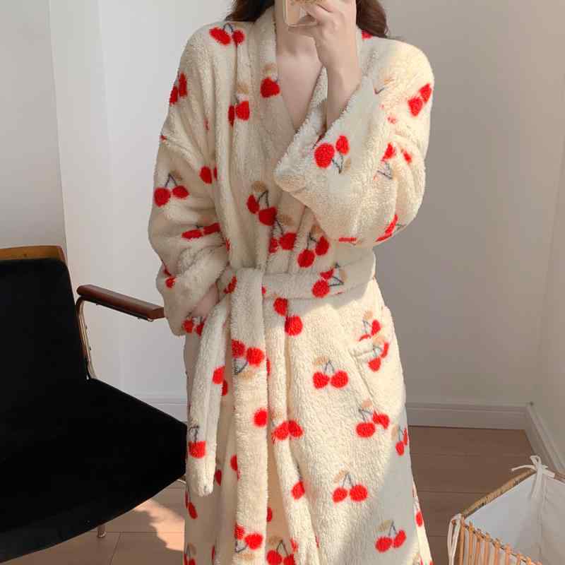 パジャマ レディース 女性用 厚手 フランネル あったか 長袖 チェリー柄 ウエストリボン Vネック ワン..