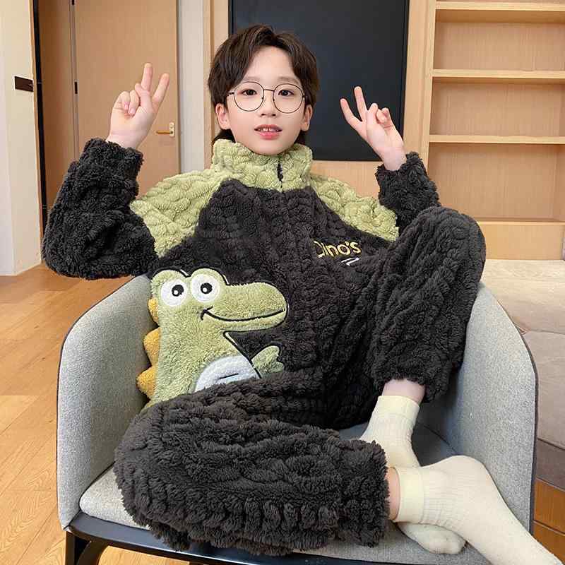 パジャマ ジュニア 男の子 子供 秋冬 厚手 吸湿速乾 珊瑚フリース 恐竜柄 ジャガード織り ファスナー付き 上下セット ふわふわ ルームウェア 部屋着 韓国風