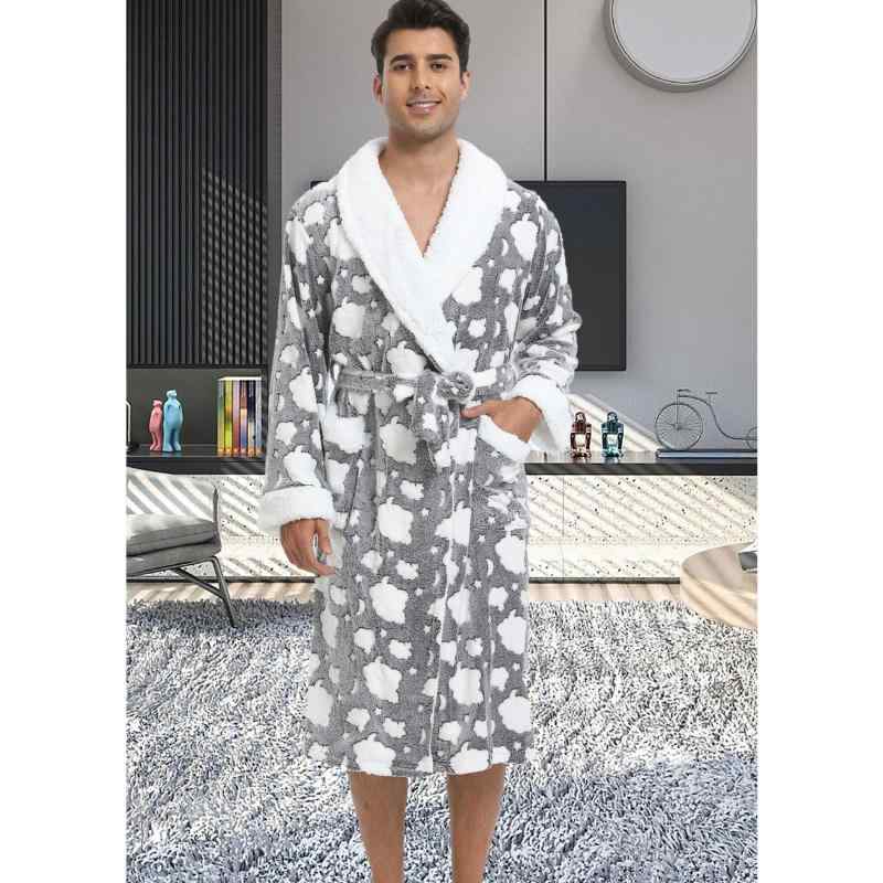 ルームウェア メンズ 秋冬 フランネル 起毛 ふわふわ 保温 暖かい 雲柄プリント 切り替え 襟付き バスローブ ナイトガウン パジャマ 部屋着