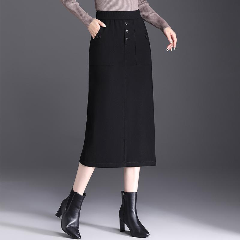 スカート レディース 着痩せ ハイウエスト ストレッチ 通勤 オフィス 秋冬 黒 タイトスカート ペンシルスカート ミモレ丈 スリット 無地 上品 エレガント