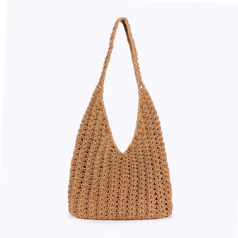 トートバッグ レディース コットンロープ かぎ針編み 透かし編み 柔らかな 縦型 スクエア ミディアムサイズ オープン開閉 シンプルデザイン 普段使い 通勤用 ワンショルダー