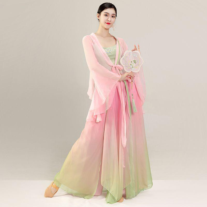 ダンスウェア レディース ストレッチ 伸縮性 優雅 軽やか 中国舞踊 民族舞踊 練習着 発表会 舞台 衣装 シフォントップス 古典風 アプリコットピンク