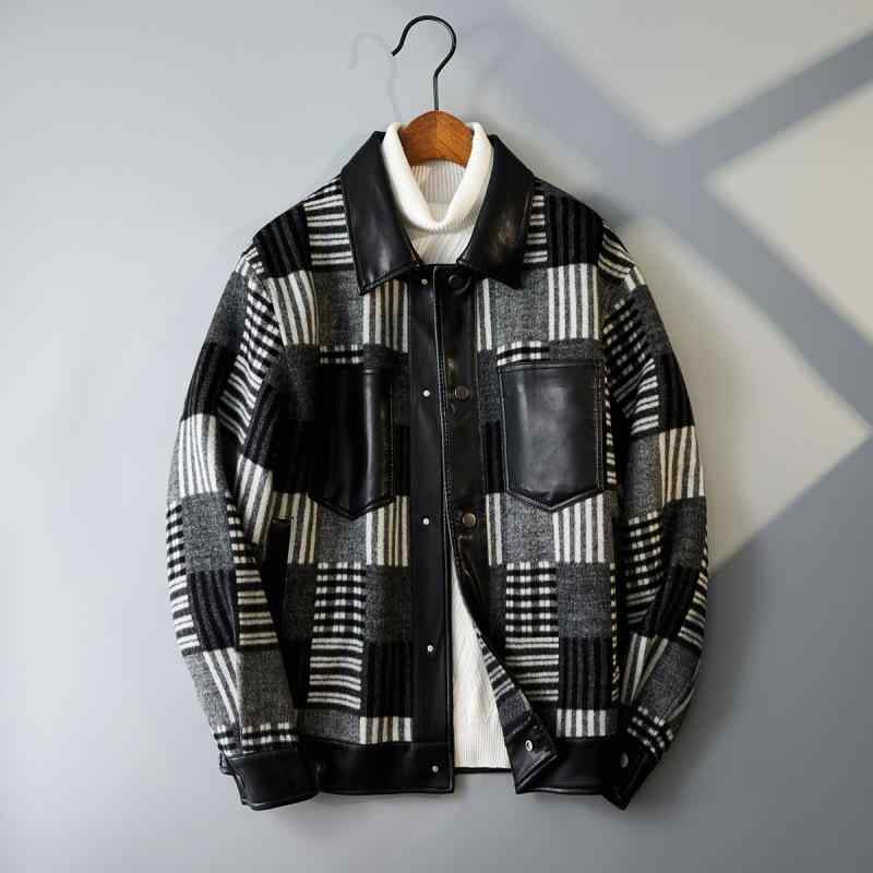 ジャケット メンズ 男性用 切り替え チェック柄 ウールメルトン ダブルフェイスカシミヤ テーラード ショート丈 スリムフィット シングルブレスト 高級感 春秋 冬 カジュアル 白黒チェック アウター