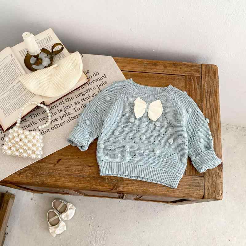 セーター キッズ ベビー 女の子 綿100% コットン 肌に優しい 手編み ボール リボン 長袖 丸首 無地 プ..