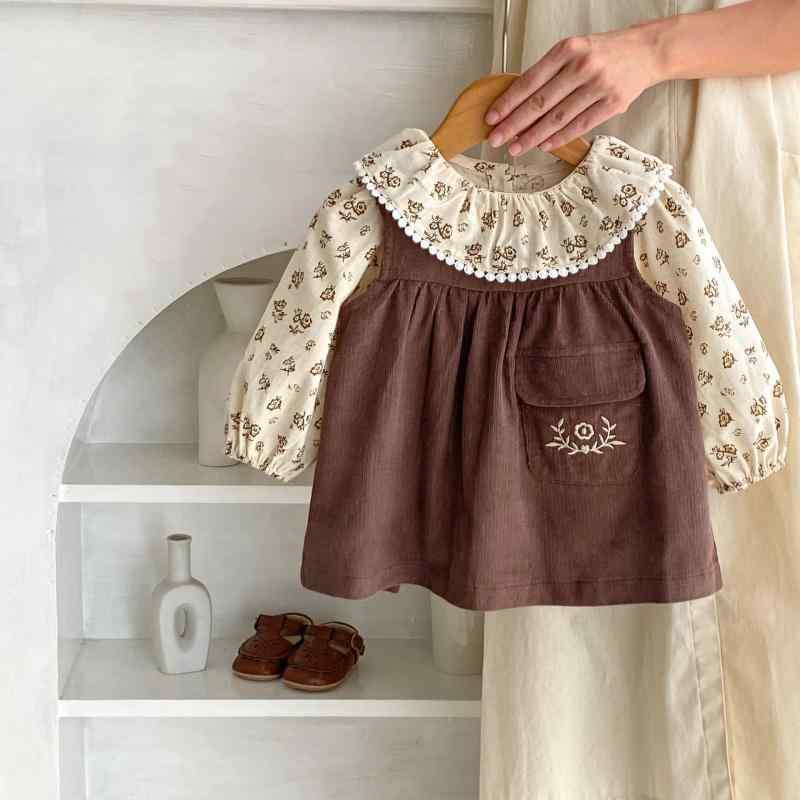 セットアップ ベビー キッズ 女の子 フリル襟 小花柄 長袖トップス コーデュロイ サロペットスカート 綿100% 秋 普段着 1-3歳 80 90 100cm