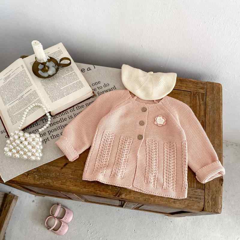 カーディガン ベビー 女の子 春秋 綿100% コットン100% 手編み 花柄 フラワー 丸首 長袖 前開き ボタン..