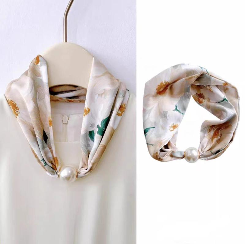 スカーフ レディース 韓国風 ファッション マグネット パールチョーカー 細長 エレガント 春夏 オフィス 通勤 カジュアル シャツスタイル 46cm丈 ポリエステル素材(x2)