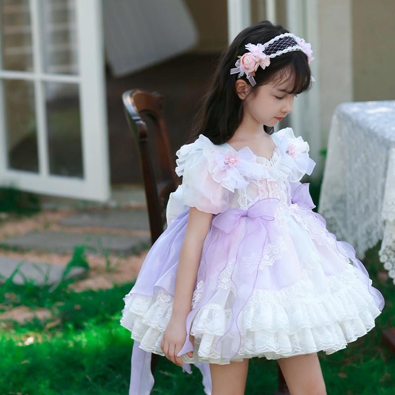 ワンピース 女の子 キッズ ロリータ プリンセスドレス パフスリーブ ショートスリーブ チュール ティアード 花柄 かわいい ボリューム フリル 夏 フォーマル 発表会 誕生日 パーティー パープル