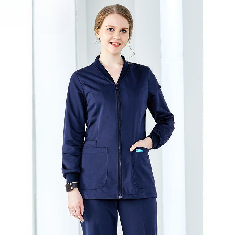 スクラブ レディース 吸汗速乾 ファスナー付き 医療用 ナース服 勤務服 隔離衣 アウター 術衣 ドルマンスリーブ 五分袖 半開襟 ロング丈 綿混 スパンデックス ストレッチ 春秋 紺色 ネイビー