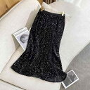 スカート 通勤 オフィス スパンコール ラメ きらめき タイト マーメイド ミディ丈 ロング 切り替え エレガント 上品 秋冬 スリムフィット ポリエステル ブラウン ブラック