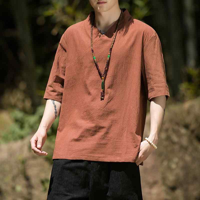 Tシャツ メンズ 薄手 通気性 チャイナ風 レトロ 五分袖 半袖 リネン 綿混 ストライプ柄 ゆったり カジュアル 普段使い 春夏 コーヒーブラウン ブラック ボタン付き 大きいサイズ